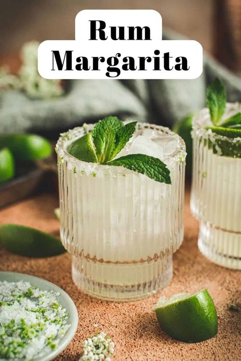 Rum margarita in a glass with a slated rim and mint for garnish. Rum Margarita Recipes, Rum Margarita, Margarita Recipe, Classic Cocktail, Single Serving, Agave Syrup, Margarita Recipes, Lime Wedge, Easy Family Meals