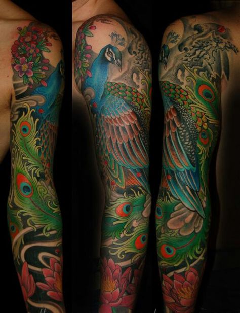 My Peacock sleeve, done by the always so brilliant Dalmiro. Peacock Tattoo Sleeve, Business Tattoo, Girlfriend Tattoos, Peacock Tattoo, Floral Tattoo Sleeve, Arm Sleeve Tattoos, Full Sleeve Tattoo, Best Sleeve Tattoos, Feather Tattoos