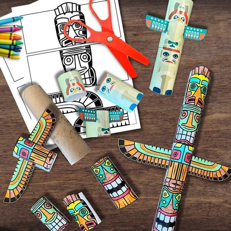 Create a totem pole similar to Native Americans/First People of North America. Includes two versions, a color illustration and a outline to color. Glue each piece around a paper tube to create individual sections that can be reorganized to create different designs. Includes step-by-step instructions how to complete. A great hands-on activity to learn about Native American culture. Includes four pages of resources, color version of totem also included in the NATIVE AMERICA Unit Study. *Please not Totem Poles For Kids, Native American Art Projects, Indian Totem, Totem Pole Art, Native American Projects, Native Americans Unit, Native American Studies, Native American Heritage Month, Pole Art