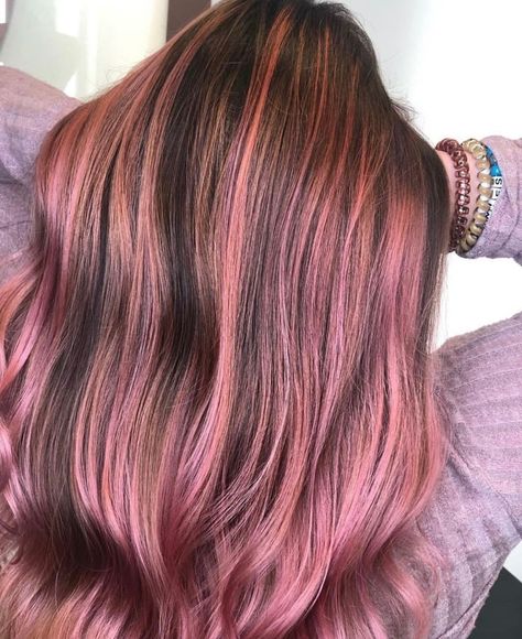 Light Pink Hair On Brown Hair, Pink Babylights Brunette, Pink Partial Highlights, Brunette Hair Pink Highlights, Light Brown Hair Pink Highlights, Fall Pink Hair, Pink Highlights In Red Hair, Pink Hair Dye On Brown Hair, Pink Bayalage Hair