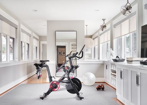 Sleek gray and white dallas tx home gym designed by S B Long Interiors using Bolon floor covering, solar shades and contrasted paint in Benjamin Moore Simply White and Revere Pewter // neutral paint color benjamin moore // paint colors for home gym // paint colors for whole house Home Zen Room, Gym Paint Colors, Home Gym Paint Colors, Small Home Gyms, Small Home Gym Ideas, Home Gym Yoga, Yoga Meditation Room, Small Home Gym, Basement Gym