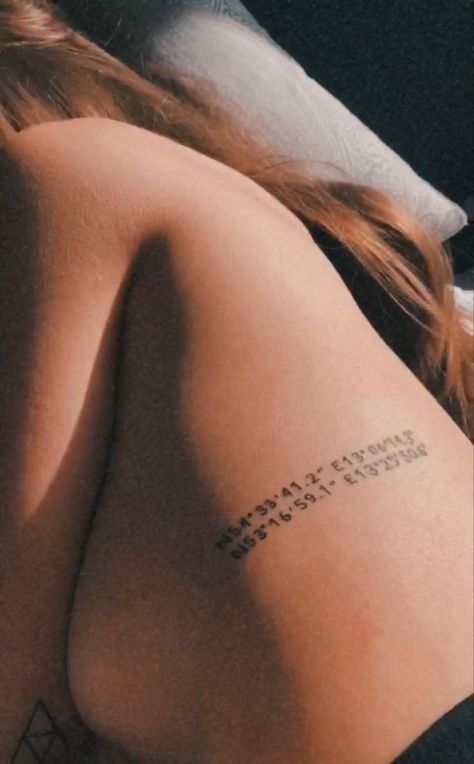 Unique & Cute Travel Tattoo Ideas For Women Women’s Tattoo Locations, Coordinates Tattoo Back, Word Tattoos For Women Placement, Lover Tattoo Word, Travel Tattoo Ideas For Women, Gps Coordinates Tattoo, Coordinates Tattoo Placement, Tattoo Coordinates, Word Tattoo Placement