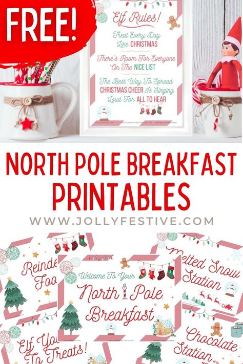 Elf On The Shelf North Pole Breakfast Free Printables, North Pole Hot Chocolate, Elf On The Shelf Welcome Back Breakfast, North Pole Breakfast Elf On The Shelf, Christmas Food Names, Elf On The Shelf North Pole Breakfast, North Pole Themed Party, Elf Breakfast Ideas North Pole, Elf Signs