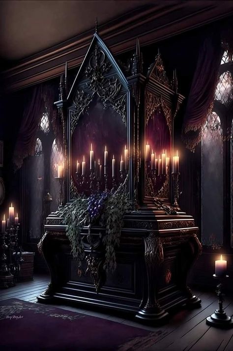 Vampire Bedroom, Gothic Home Interior, Victorian Gothic Home Decor, Gothic Homes, Room Bedroom Ideas, Goth Room, Gothic Bedroom, Gothic Castle, Dark House