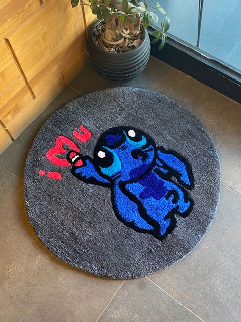 #stitch #iloveyou #loveyourself #love #cartoon #handmade #rugs #circle #fluffy #rugs #loved #design #ideas Stitch Tufting Rug, Stich Rugs, Creative Rug Ideas, Tufting Design Ideas, Tufting Rugs Ideas, Rugs Circle, Custom Rugs Design, Stitch Carpet, Cartoon Rugs