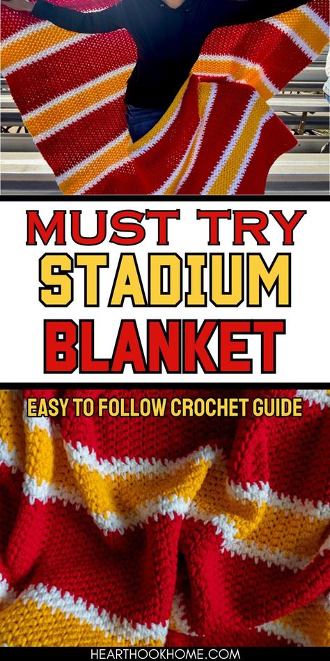 Get ready for football season with this free crochet pattern for a stadium blanket. Perfect for staying warm while supporting your favorite team! Red White Blue Crochet Blanket Free Pattern, Stadium Blanket Crochet Pattern, Nfl Crochet Blanket Patterns, Football Lovey Crochet Pattern Free, Crochet Hockey Blanket, Miami Dolphins Crochet Blanket Pattern, Crochet Fan Blanket, Crochet Stadium Blanket, Denver Broncos Crochet Pattern Free