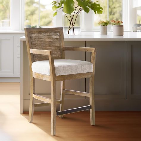 Madison Park Blaine Cream/Reclaimed Natural Cane Back Counter Stool - Bed Bath & Beyond - 39218549 Low Back Counter Stools, Transitional Counter Stools, Bar Stools Kitchen, Stools Kitchen, Bar Stools Kitchen Island, Wood Counter Stools, Kick Plate, Arm Design, Stools With Backs