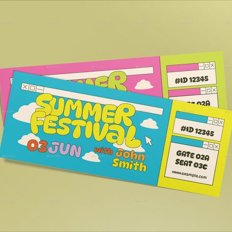 Blue Retro Summer Festival Ticket Summer Festival Graphic Design, Event Ticket Design Creative, Music Festival Ticket Design, Festival Tickets Design, Retro Ticket Design, Ticket Illustration Design, Retro Festival Poster, Summer Festival Branding, Summer Festival Design