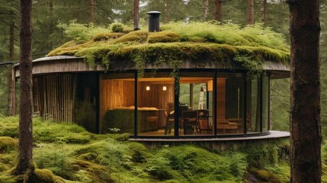 Mosseum is an enchanting Scandinavian Forest Retreat featuring 10 uniquely shaped cabins that elegantly intertwine modern architecture with the ethereal charm of moss and nature inspired forms. This visionary project seeks to immerse guests in the tranquil beauty of nature, where Wood and Moss take center stage as a symbol of life, rejuvenation, and the delicate balance of the ecosystem. Forest Guest House, Architecture In Forest, Ecosystem Architecture, Forest House Architecture, Home In The Forest, Modern Forest House, Scandinavian Forest, Forest Houses, Flowers Farm