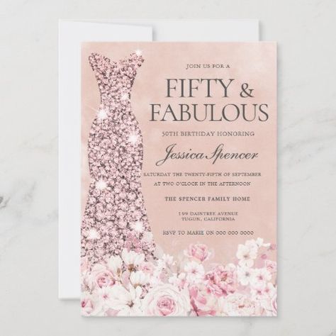 92nd Birthday, 50th Birthday Invitation, Surprise Birthday Invitations, 60th Birthday Invitations, 50th Birthday Invitations, Pink Gown, 50 And Fabulous, Flower Party, Beautiful Invitations