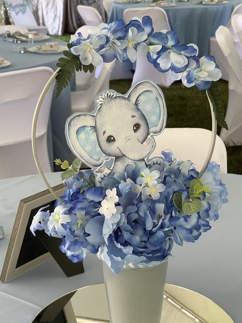 Baby Blue Elephants! | CatchMyParty.com Blue Elephant Centerpieces, Blue Elephant Baby Shower Centerpieces, Baby Boy Elephant Shower Ideas, Boy Elephant Baby Shower Ideas, Elephant Centerpieces Boy, Blue Elephant Baby Shower Ideas, Elephant Theme Baby Shower Boy, Baby Shower Elephant Theme, Elephant Baby Shower Theme Boy