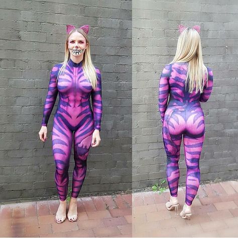 Talk about cat's meow! It's that time of year. Put down your weights and put on your thinking caps. Here come the costumes. @aliciapennycuick modeling a ShapeShifterZ costume for sports #cheshirecat #cheshirecostume #catsuit #onesie Cheshire Cat Cosplay, Cheshire Cat Costume, Cat Cosplay, Collar Bodysuit, Money Design, Cat Costume, Tricot Fabric, Custom Suit, Cheshire Cat