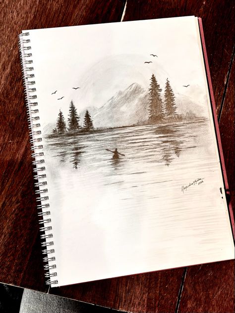 Drawing Ideas About Nature, Landscape Pencil Art, Nature Pictures To Draw, Lake Sketch Pencil, Land Scape Drawing Pencil, Pretty Pencil Drawings, Nature Simple Drawing, Nature Drawings Pencil, Landscape Drawings Pencil