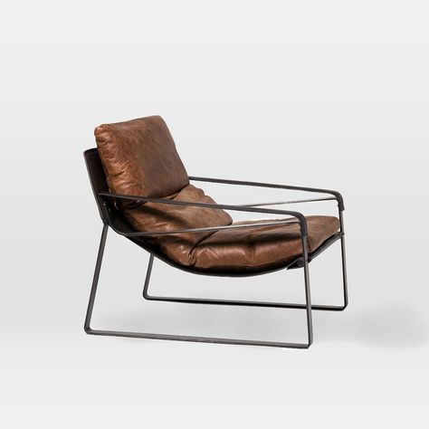 Overstuffed Leather Sling Chair ,Upholstery,brown | West Elm Leather Sling Chair, Leather Club Chairs, Leather Accent Chair, Leather Frames, Sling Chair, Leather Cushion, Club Chair, Leather Slippers, Metal Chairs