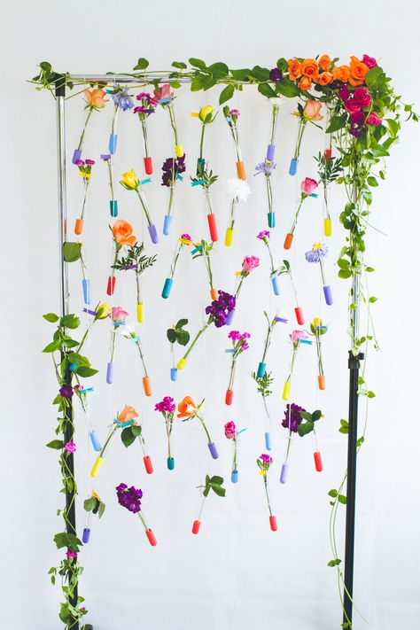 DIY Hanging Flower Test Tube Seating Plan Colourful Table Plan with Fresh Flowers-11 Test Tube Floral Arrangement, Flowers In Test Tubes On Wall, Test Tube Flower Centerpiece, Test Tube Flower Wall Decor, Science Themed Wedding, Test Tube Flower Vase, Colourful Table, Brides Table, Greenery Wedding Decor