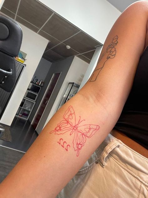 Red Butterfly Tattoo, 777 Tattoo, Borboleta Tattoo, Angel Number 222, Small Forearm Tattoos, Piercing Inspo, Writing Tattoos, Tattoos For Black Skin, Red Ink Tattoos