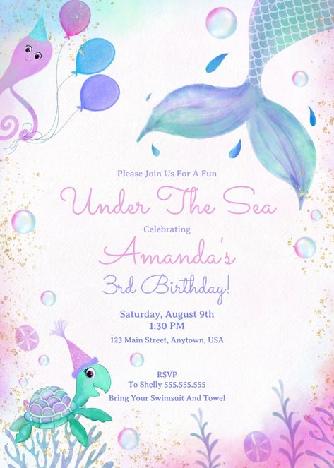 Under The Sea Mermaid & Sea Turtle Birthday Invitation Sea Turtle Birthday, Turtle Birthday, Mermaid Birthday Invitations, Sea Mermaid, Mermaid Birthday, Birthday Balloons, Sea Turtle, 3rd Birthday, Under The Sea