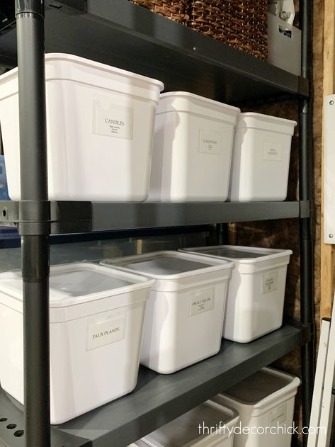 How I Organize and Store My Home Decor Items | Thrifty Decor Chick | Thrifty DIY, Decor and Organizing Closet Bin Organization, Basement Storage Shelves, Plastic Shelving Units, Basement Organization, Closet Storage Bins, Decorative Storage Bins, Utility Closet, Large Storage Bins, Cleaning Inspiration