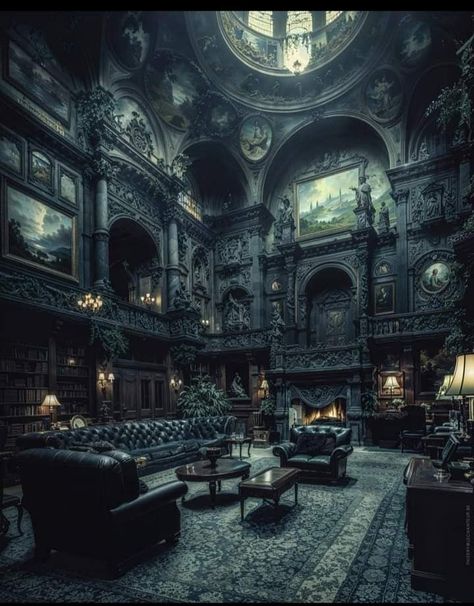 Victorian Gothic Library, Dark Manor Aesthetic, Dark Castle Interior, Gothic Castle Interior, Victorian Mansion Interior, Castle Aesthetic Interior, Gothic Fireplace, Minecraft Halloween, Haunted Manor