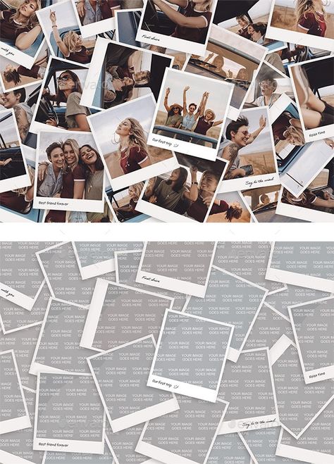 Polaroid Photo Collage Template - Product Mock-Ups Graphics Polaroid Collage Template, Photo Collage Graphic Design, Photo Collage Template Layout, Polaroid Graphic Design, Picture Background Ideas, Polaroid Layout, Photo Collage Layout, Polaroid Design, Polaroid Collage