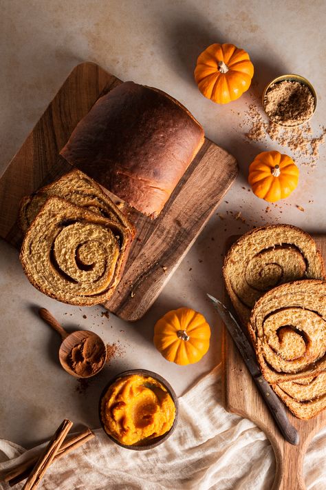 This pumpkin loaf is my annual Thanksgiving comfort food. Full of warm spices and a cinnamon sugar filling, this bread is a cozy way to celebrate fall. Thanksgiving Food Photography, Parts Of Pumpkin, Autumn Food Photography, Autumn Bread, Cinnamon Swirl Bread Recipe, Swirl Bread Recipe, Bakery Photos, Bread Photography, Bread Cinnamon