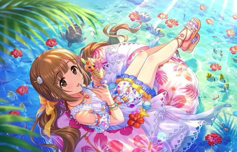 Tropical Anime Aesthetic, Bright Tropical Aesthetic, Summer Anime Art, Summer Anime Aesthetic, Anime Beach Art, Beach Aesthetic Art, Anime Beach, Kawaii Summer, Idol Master