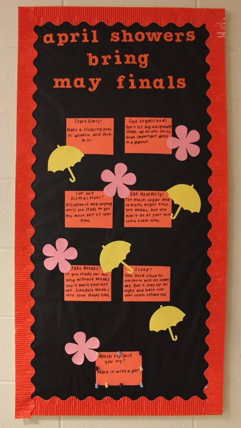 Wellness Center Bulletin Board, April Themed Bulletin Boards, April Bulletin Board Ideas College, April Ra Bulletin Boards, Resident Advisor Bulletin Boards, Study Tips Bulletin Board, Interactive Bulletin Boards College, Dorm Bulletin Boards, April Bulletin Boards