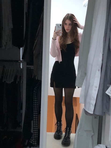 Black Dress With Pink Cardigan, Black Dress Pink Cardigan, Docs Dress Outfit, Black Dress With Docs, Black Skater Dress Outfit, Preppy Grunge Outfits, Witch Fits, Mini Dress With Cardigan, Black Dress With Cardigan