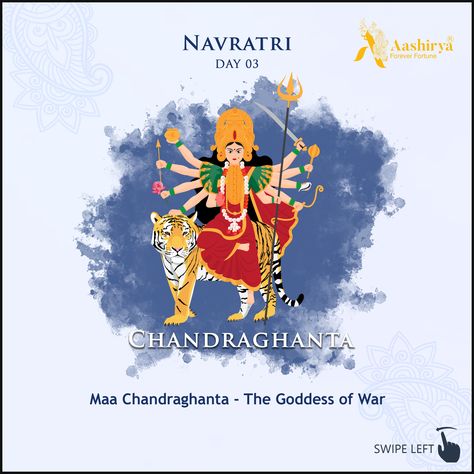 NAVRATRI : DAY-3 MAA CHANDRAGHANTA - The Goddess of War Goddess Chandraghanta is the symbol of Justice & Courageous. Courageous Women who fight back for Justice and attain astounding victory against evil forces! Aashirya dedicates its Exclusive Navratri Collection to the Women from every sphere of life who incessantly struggle to eclipse the evil out. Blessings of Maa Chandraghanta Aashirya Wishes that the modern day Durgas (Chandraghanta's) to be courageous,. #Justice #Courage SHUBH NAVRATRI! Day 3 Navratri Goddess Images, Day 3 Of Navratri, Navaratri Day 3 Chandraghanta, Ma Chandraghanta Images, Day 3 Navratri Goddess, Maa Chandraghanta Images, Day3 Navratri, Aghori Photography, Chandraghanta Devi Images