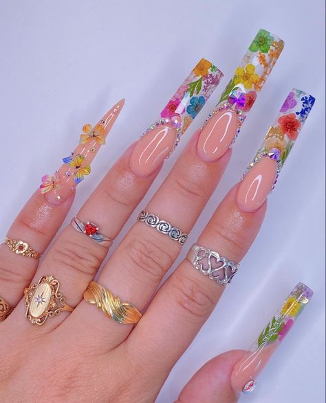 Spring Xl Nails, Clear Junk Nails, Bling Spring Nails, Bedazzle Nails, Long Spring Nails, Encapsulated Nails Flowers, Buchona Nails, Lv Nails, Insta Nails