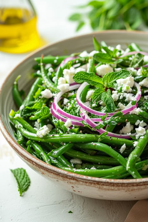 Experience the Taste of France: Authentic Corsican Green Bean and Mint Salad Recipe #mediterraneandiet Green Bean Mint Salad, Mediterranean Green Salad, Cooked Greens Recipes, Green Beans Salad Recipes, Authentic Mediterranean Recipes, Mint Salad Recipes, Summer Wellness, Green Bean Salad Recipes, Green Bean Salad