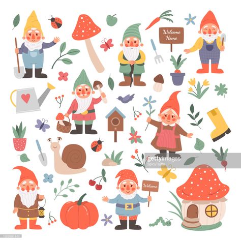 Garden Gnomes Cartoon Fairy Tale Creatures With Flowers And Mushrooms Isolated Fictional Characters Set And Floral Decorative Elements Vector Dwarfs Holding Agricultural Instruments High-Res Vector Graphic - Getty Images Fairy Tale Creatures, Flowers And Mushrooms, Cartoon Fairy, Art Deco Borders, Cactus Vector, Branch Vector, Doodle Frames, Garden Gnomes, Ornament Frame