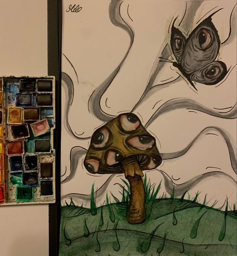 Grudge Paintings Aesthetic, Mushroom With Eyes Painting, Eye Surrealism Art, Butterfly On Mushroom Drawing, Butterfly With Eyes Drawing, Eye Mushroom Art, Surreal Art Drawing Easy, Surrealism Mushroom, Trippy Watercolor Art