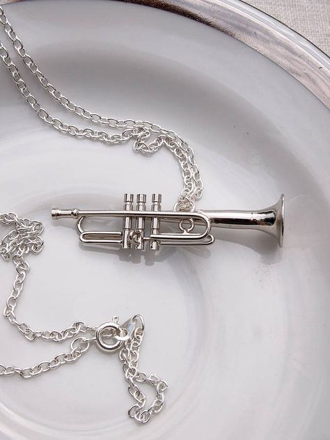 Trumpet Aesthetic, Music-themed Silver Metal Jewelry, Trumpet Accessories, Music-themed Sterling Silver Necklace, Music-themed Silver Pendant Necklace, Silver Trumpet, Music-themed Sterling Silver Pendant Necklace, Musical Jewelry, Band Geek