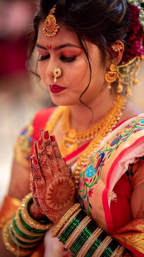 Wedding attire for bride in a Buddhist maharastrian wedding. Nauvari saree, navari Buddhist Bride In White Saree, Buddhist Bride, White Paithani, Buddhist Wedding, Maharashtrian Wedding, Maharashtrian Jewellery, Saree Ideas, Nauvari Saree, Couple Wedding Dress