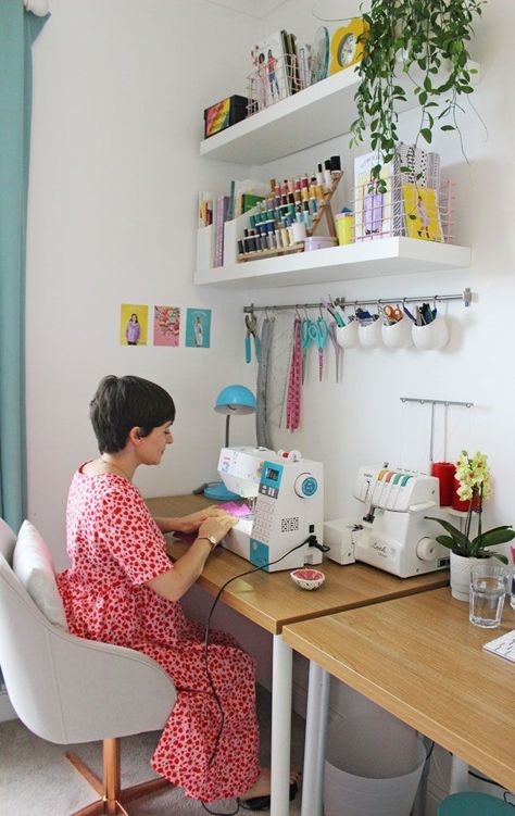 Sewing And Bedroom Ideas, Cute Sewing Room Decor, Sewing In Bedroom, Home Sewing Studio Ideas, Sewing Room Minimalist, Small Sewing Space In Living Room, Sewing Room Small Space, Small Sewing Space Organization, Sew Room Organization Ideas