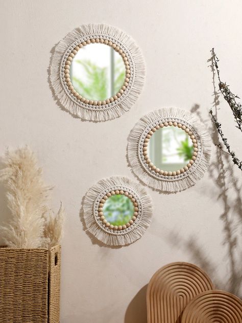 Perlenversion  Collar  Polyester   Embellished Macrame Mirror Wall Hanging, Nursery Beige, Mirror Macrame, Boho Mirrors, Boho Mirror, Macrame Mirror, Wall Mirrors Set, Bedroom Wall Hangings, Mirror Ideas