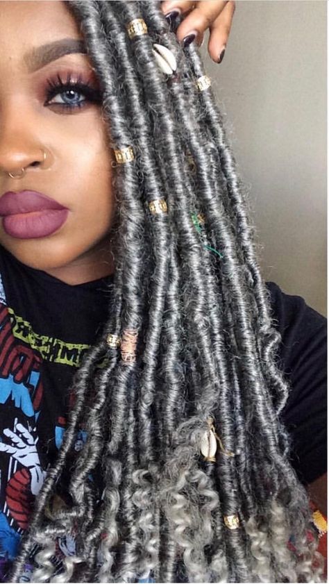 Beautiful Grey Locs ❤️ Grey Dreadlocks, Loc Ideas, Faux Locs Styles, Goddess Faux Locs, Faux Locks, Yarn Braids, Faux Locs Hairstyles, Goddess Locs, Beautiful Braids