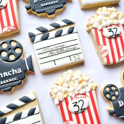 Birthday cookies for a movies fan #movies #customcookiesireland #decoratedbiscuits #moviecookies #birthdaybiscuits #birthdaycookiesdublin #cookiesireland #cookiesdublin #dublinfood #popcorn #camera #handicedcookies Dublin Food, Birthday Biscuits, Cookie Cake Designs, Drive In Movie, Movie Themes, Cake Designs Birthday, Summer Birthday, 11th Birthday, Birthday Cookies