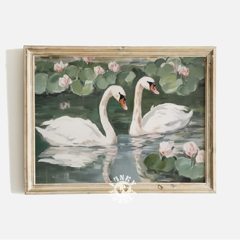 Pink And Green Decor, Girly Office, Office Painting, Chic Office Decor, Swan Painting, Swan Decor, Swan Print, Maximalist Wall Art, Retro Kunst