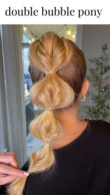 Double Bubble Ponytail, Fun Pony Tailed Hairstyle, Crazy Ponytail Hairstyles, Poof Ponytail, Bubble Hairstyles, Up Due Hairstyles, Bubble Braid Ponytail, Ponytail Looks, Bubble Pony