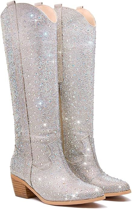 High Cowboy Boots, Knee High Cowboy Boots, Shiny Boots, Boots Party, Bling Heels, Glitter Fashion, Boot Bling, Black Chunky Heels, Western Boots Women