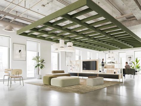 Green Ceiling Design, Open Office Ceiling Design, Open Office Ceiling, Grid Ceiling Design, Corporate Office Design Workspaces, Green Office Interior, Open Ceiling Design, Green Office Space, Acoustic Ceiling Design