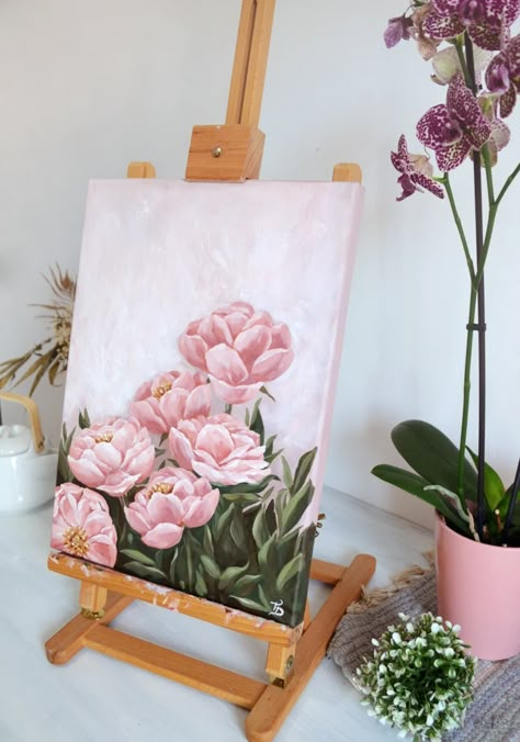 easy art projects Peonies Wall Art, How To Paint A Peony Acrylic, Acrylic Painting Peony, Floral Painting Aesthetic, Pink Peonies Painting, Acrylic Painting Ideas On Canvas Flowers, Flower Drawing Acrylic Paint, Pink Flower Paintings, What Should I Paint On Canvas