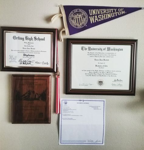 My achievement wall, diploma/degree display in my home office. Home Office Degree Display, Home Office Diploma Display, Framed Degree In Office, Diploma Gallery Wall, Office Gallery Wall With Diplomas, Achievement Wall Display Ideas Office, Displaying Diplomas In Office, Degree On Wall, Diploma Display Wall Offices