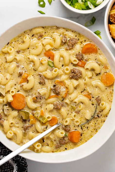 One-Pot Macaroni Cheeseburger Soup - NO VELVEETA! One Pot Macaroni Soup, One Pot Macaroni And Cheese Soup, One Pot Cheese Burger Macaroni Soup, Soup With Elbow Noodles, Macaroni And Hamburger Soup, Hamburg Macaroni Soup, Mac And Cheeseburger Soup, Macaroni And Cheeseburger Soup, Hamburger Mac And Cheese Soup