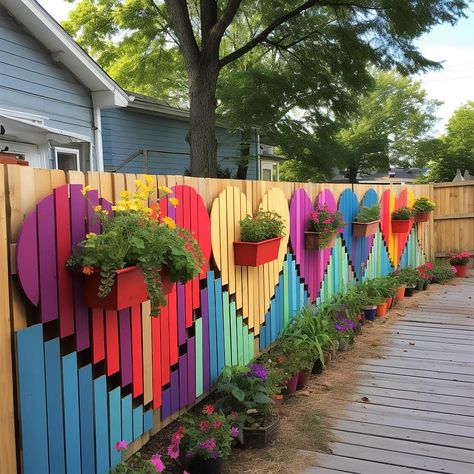 Heart Shaped Garden Fence with... - Wood Pallet Creations Fence Planning, Garden Fence Art, Succulent Landscape Design, Pallet Fence, Fence Art, Garden Whimsy, Pallets Garden, Fence Decor, Outdoor Decor Backyard