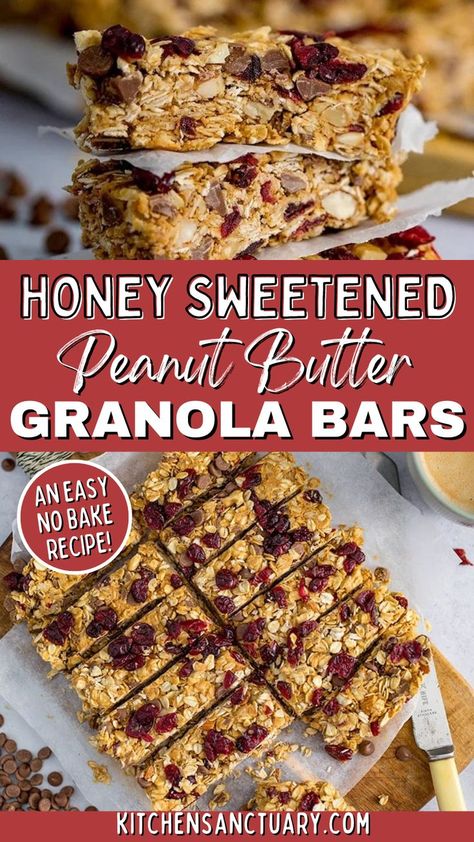 Honey Sweetened Peanut Butter Granola Bars are an easy no bake recipe with the perfect balance of sweet & crunchy. Packed with hearty oats, mixed nuts, chocolate chips, and dried cranberries, each bite is a wholesome delight. Easy to make and even easier to enjoy, these bars are ideal for snacking on the go or a quick pick-me-up. Indulge in goodness with every slice! Granola Bar Recipe Healthy, Peanut Butter Granola Bars, Breakfast Diet, No Bake Granola Bars, Honey Granola, Healthy Granola Bars, Keto Granola, No Bake Peanut Butter, Granola Recipe Bars