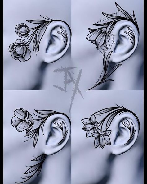 Floral Sideburn Tattoo, Women Forehead Tattoo, Feminine Head Tattoo, Floral Face Tattoo, Ear Back Tattoo, Ear Tattoo Flower, Side Of Face Tattoo, Flower Ear Tattoo, Side Of Head Tattoo