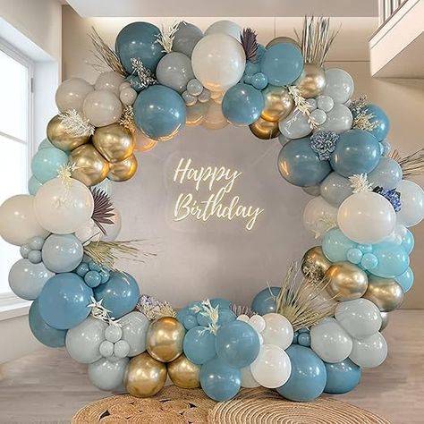 Blue Decor For Birthday Party, 21st Balloon Arch Ideas, Blue Silver And Gold Birthday Party, Dusty Blue Party Theme, Blue 70th Birthday Party, Blue White And Gold Balloon Arch, Blue Decoration Birthday, Blue White Party Decor, Blue Wedding Balloon Arch